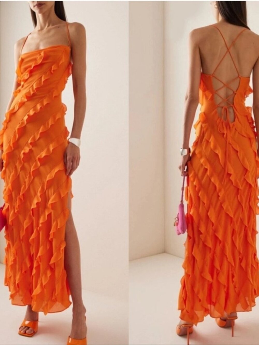 Staud Elvire Lace-Up Ruffled Crepe Maxi Dress
